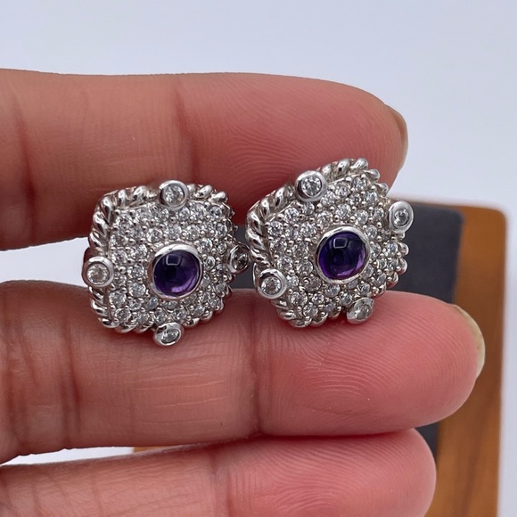 Judith Ripka Sterling Silver Amethyst Cabochon CZ Pave Chunky Studs Earrings 925 - Picture 6 of 7